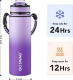 GOSWAG Insulated Sports Water Bottle, 24oz 2 Lids(with Straw/No Straw), Stainless Steel Water Bottles with Paracord Handle, Insulated Bottle with Double-Wall Vacuum Insulation - Image 3