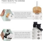 MUKOKO 32oz Glass Water Bottles with 2 Lids-Handle Spout Lid&Bamboo Straw Lid, Motivational Water Tumbler with Time Marker Reminder and Silicone Sleeve, Leakproof-White-1 Pack - Image 4