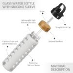 MUKOKO 32oz Glass Water Bottles with 2 Lids-Handle Spout Lid&Bamboo Straw Lid, Motivational Water Tumbler with Time Marker Reminder and Silicone Sleeve, Leakproof-White-1 Pack - Image 5