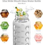 MUKOKO 32oz Glass Water Bottles with 2 Lids-Handle Spout Lid&Bamboo Straw Lid, Motivational Water Tumbler with Time Marker Reminder and Silicone Sleeve, Leakproof-White-1 Pack - Image 6