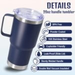 20 oz Tumbler with Handle and Lid, Stainless Steel Tumbler Insulated Travel Coffee Mug, Spill Proof Double Wall Vacuum Tumbler Cup Keep Drink Hot & Cold, Navy, 6 Pack - Image 4