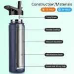 DOMICARE Insulated Water Bottle, 22 oz Vacuum Insulated Stainless Steel Reusable Sports Bottle with Straw Lid & Spout Lid for Travel, Camping, Bike, Leakproof, Navy Blue, 1 Pack - Image 3
