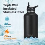 64 oz Insulated Water Bottle with Straw (Cold for 48 Hrs), Half Gallon Stainless Steel Triple Wall Vacuum Sports Water Jug, Leakproof Hydro Cup Flask with Straw Spout Lids & DIY Stickers - Image 3