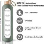 PROBTTL 32 Oz Borosilicate Glass Water Bottle with Time Marker Reminder Quotes, 1 Liter Leak Proof Reusable BPA Free Motivational Water Bottles with Silicone Sleeve and Bamboo Lid (Olive) - Image 3