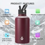 BJPKPK Half Gallon Insulated Water Bottles with Straw Lid, 64oz Large Water Jug, Stainless Steel Bottles with 3 Lids and Paracord Handle, Thermo for Hot & Cold Liquid, Brick Red - Image 4