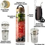 32oz Glass Water Bottle with Bamboo Lid and Neoprene Sleeve | Wide Opening Fruit Infuser Water Bottle (Flower) - Image 5