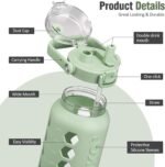 MUKOKO Half Gallon/64 oz Glass Water Bottles with Straw and Lid,Motivational Water Jug with Time Marker Reminder and Silicone Sleeve,100% Leakproof BPA Free Fitness Sports Large Bottle-Green - Image 4
