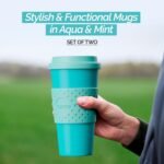 Copco Acadia 16oz Travel Mug with Lid, Set of 2 Double Wall Insulated Tumbler, Non-Slip Sleeve and BPA-Free - Microwave & Dishwasher Safe, Reusable Plastic To Go Travel Coffee Mug (Aqua/Mint) - Image 3