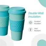 Copco Acadia 16oz Travel Mug with Lid, Set of 2 Double Wall Insulated Tumbler, Non-Slip Sleeve and BPA-Free - Microwave & Dishwasher Safe, Reusable Plastic To Go Travel Coffee Mug (Aqua/Mint) - Image 4