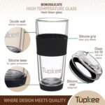 Tupkee Double Wall Glass Tumbler - 14-Ounce, All Glass Reusable Insulated Tea/Coffee Mug & Lid, Hand Blown Travel Mug - Black - Image 3