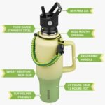 BJPKPK Insulated Water Bottles with Straw Lid, 40oz Metal Water Bottle with 2 lids & Paracord Strap, Double Wall Stainless Steel Tumbler with Handle, Reusable Cups, Mugs, Thermo, Fresh Green - Image 3
