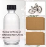 12 Pack, 2 oz Small Clear Glass Bottles w/Lid & 3 Funnels - 60ml Boston Shot Bottles for Health, Immunity, Potion, Wellness, Sample, Ginger, Juice - Mini Personal Care & Beauty Travel Bottle - Image 3
