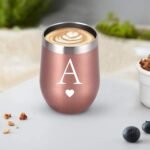 Personalized Initial Gifts 12 Ounces Stainless Steel Wine Tumbler with Straw Brush Rose Gold Insulted Mug Wedding Bridesmaid Birthday Graduation Gift for Men Women Monogrammed Gift (A) - Image 6