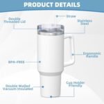 Personalized 40 Oz Tumblers Add Photo Name Text Logo Custom Travel Cup with Handle and Straw Customzable Coffee Tumbler Gifts for Birthday Christmas Fathers Mothers Day, Pure White - Image 5