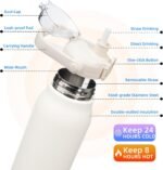 BJPKPK Insulated Water Bottles with Straw, 45 oz Stainless Steel Metal Water Bottle with One-handed Opening Lid, BPA Free Reusable Jugs for Gym Sports Outdoors,White - Image 3