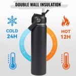 24oz Insulated Stainless Steel Water Bottle, Wide Mouth Double Wall Vacuum, Silicone Straw, Sweat & Leak Proof, BPA Free Insulated Water Flask for Travel, Keep Cold 24h Hot 12h, Black - Image 7