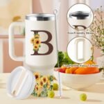 Monogrammed 40 oz Tumbler with Handle & Straw - Personalized Gifts for Mom, Wife, Sister, Friend, Coworkers - Initial Sunflower Cup - Image 5