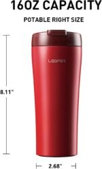 Coffee Travel Mug, Tumbler with Leak Proof Lid, Double Wall Vacuum Insulated Stainless Steel Travel Tumbler, Keep Hot Cold 16 ounce RED - Image 3