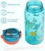 Kids Water Bottle for School or Travel, 20 Oz 2 Pack Durable Plastic Water Bottle with Silicone Straw and Pop-Up Spout Cover, BPA Free & Dishwasher Safe(Excavator & Dinosaur) - Image 5