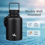 Insulated Water Bottle with Straw,50 oz 3 Lids Water Jug with Carrying Bag,Paracord Handle,Double Wall Vacuum Stainless Steel Metal Flask,Black - Image 3