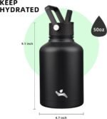 Insulated Water Bottle with Straw,50 oz 3 Lids Water Jug with Carrying Bag,Paracord Handle,Double Wall Vacuum Stainless Steel Metal Flask,Black - Image 4