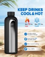 Insulated Water Bottle with Lid, 25 oz Reusable Leak-Proof Metal Stainless Steel Water Bottles for Travel, Sports, Gym, Outdoor (Black) - Image 3