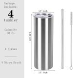 30 Oz Straight Skinny Tumbler Set, Stainless Steel Slim Skinny Travel Tumbler Bulk, Birthday Diy Gift For Women Friends Sisters, 4 Pack, Silver - Image 4