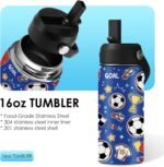 Soccer Gifts for Kids - 16 Oz Kids Water Bottle with Straw Lid, Stainless Steel Insulated Tumbler, Leak Proof, BPA-Free, for Girls, School, Travel - Soccer Lovers Children Birthday Gifts Cups(1pc) - Image 4