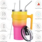 BJPKPK Tumbler With Handle And Straw Lid 30 oz Stainless Steel Insulated Coffee Tumbler Cups For Home, Office or Car,Pink Yellow Rose - Image 3