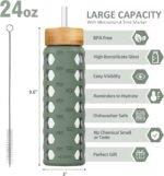 MUKOKO 24oz Glass Water Bottle with 2 Lids-Handle Flip Lid&Bamboo Straw Lid,Motivational Water Tumbler with Time Marker Reminder and Silicone Sleeve, Leakproof-Olive - Image 3