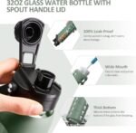 MUKOKO 24oz Glass Water Bottle with 2 Lids-Handle Flip Lid&Bamboo Straw Lid,Motivational Water Tumbler with Time Marker Reminder and Silicone Sleeve, Leakproof-Olive - Image 7