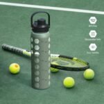 MUKOKO 24oz Glass Water Bottle with 2 Lids-Handle Flip Lid&Bamboo Straw Lid,Motivational Water Tumbler with Time Marker Reminder and Silicone Sleeve, Leakproof-Olive - Image 8