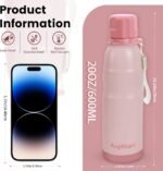 20oz Water Bottle Insulated with Straw & Handle Double Wall Vacuum Stainless Steel Water Flask Keep Cold 24h Hot 12h for Sports, Travel, School (Pink) - Image 3