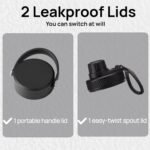 Black 32 oz Insulated Water Bottle, Large Metal Stainless Steel Water Flask, Big Sports Travel Mens Water Bottle for Gym,Hiking,1 liters Leakproof Insulated Thermal Bottle with 2 Lids - Image 4