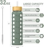 MUKOKO 32oz Glass Water Bottles with 2 Lids-Handle Spout Lid&Bamboo Straw Lid, Motivational Water Tumbler with Time Marker Reminder and Silicone Sleeve, Leakproof-Olive-1 Pack - Image 3