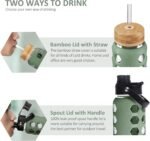 MUKOKO 32oz Glass Water Bottles with 2 Lids-Handle Spout Lid&Bamboo Straw Lid, Motivational Water Tumbler with Time Marker Reminder and Silicone Sleeve, Leakproof-Olive-1 Pack - Image 4