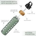 MUKOKO 32oz Glass Water Bottles with 2 Lids-Handle Spout Lid&Bamboo Straw Lid, Motivational Water Tumbler with Time Marker Reminder and Silicone Sleeve, Leakproof-Olive-1 Pack - Image 5