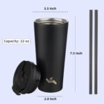 22 OZ Insulated Tumbler with Lid and 2 Straws Stainless Steel Water Bottle Vacuum Travel Mug Coffee Cup,Black - Image 3