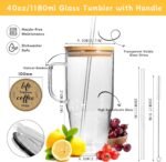 ANOTION Glass Cups with Lids and Straws - 40 Oz Tumbler with Handle and Straw Glass Water Bottles Drinking Glasses with Straws Iced Coffee Cups Travel Coffee Mug Smoothie Tumbler - Image 3