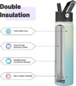 Insulated Water Bottle 24oz Stainless Steel Sport Bottles with 3 Lids,Mint - Image 5