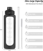 Nefeeko 32 oz Glass Water Bottles with Straw, Time Marker, Motivational 1 Liter BPA FREE Leakproof Reusable Glass Water Bottle with Silicone Sleeve, Bamboo, Spout Lid - Image 3