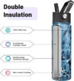 22oz Stainless Steel Bottles with 3 Lids Sport Insulated Water Bottle,Marble Ocean - Image 5