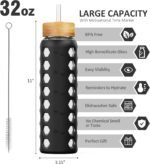 MUKOKO 32oz Glass Water Bottles with 2 Lids-Handle Spout Lid&Bamboo Straw Lid, Motivational Water Tumbler with Time Marker Reminder and Silicone Sleeve, Leakproof-Black-1 Pack - Image 3