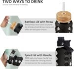 MUKOKO 32oz Glass Water Bottles with 2 Lids-Handle Spout Lid&Bamboo Straw Lid, Motivational Water Tumbler with Time Marker Reminder and Silicone Sleeve, Leakproof-Black-1 Pack - Image 4