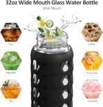 MUKOKO 32oz Glass Water Bottles with 2 Lids-Handle Spout Lid&Bamboo Straw Lid, Motivational Water Tumbler with Time Marker Reminder and Silicone Sleeve, Leakproof-Black-1 Pack - Image 5
