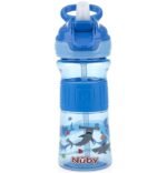 Nuby Thirsty Kids Push Button Flip-it Soft Spout on The Go Water Bottle with Easy Grip Band, Blue Sharks, 12 Oz - Image 4