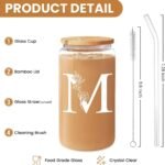 SANDJEST Monogrammed Gifts for Women - Monogram M Initial Glass Cup 16 Oz Can Coffee Cups with Lid and Straw - Monogram Initials Gifts for Womens on Birthday - Image 3