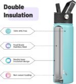 Konokyo 22oz Stainless Steel Bottles with 3 Lids Sport Insulated Water Bottle,Turquoise - Image 5