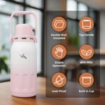 Insulated Water Bottle with Handle and Strap,Vacuum Travel Tumbler with Cup Lid,Thermo Coffee Cup for Hot Cold Drinks 40 OZ,Pink Pearl - Image 4