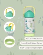Hippypotamus Kids Water Bottle - Stainless Steel Vacuum Insulated -12 oz - Leak Proof Straw Lid & Soft Spout For Toddlers & Kids (Green Dinosaur) - Image 4